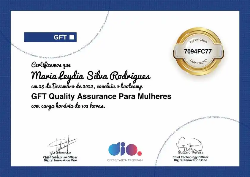 certificate of GFT Quality Assurance Para Mulheres