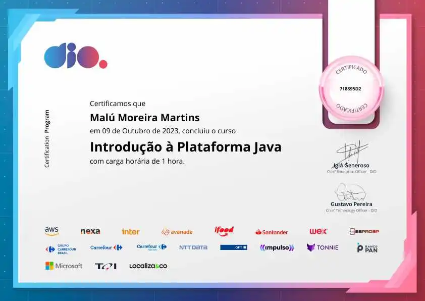certificate of Introdução à Plataforma Java