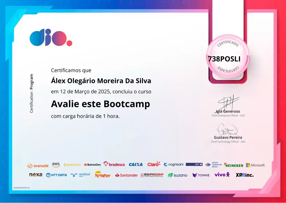 certificate of Avalie este Bootcamp