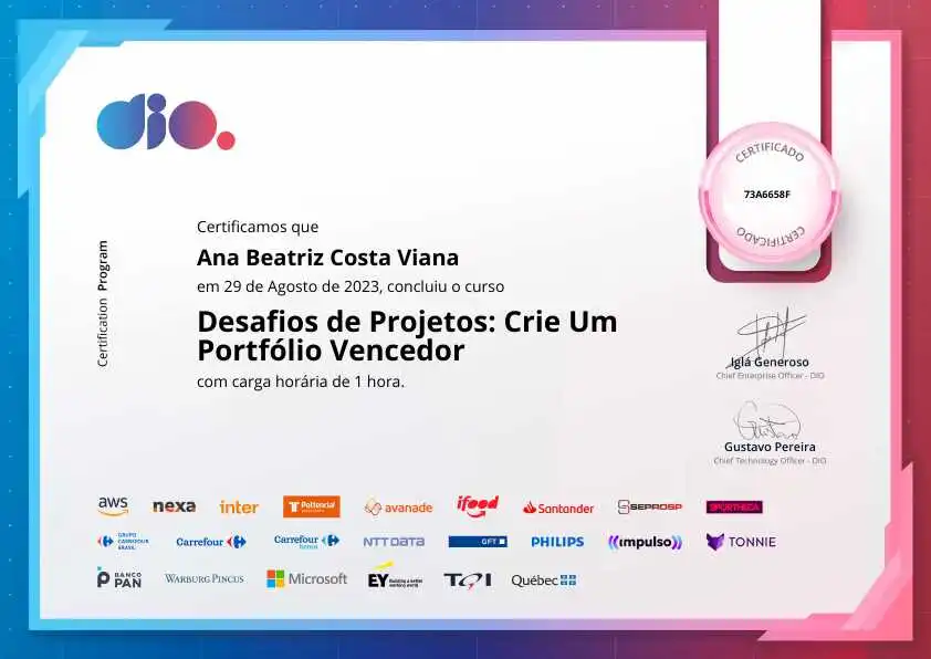 certificate of Desafios de Projetos: Crie Um Portfólio Vencedor