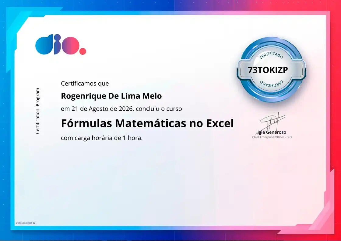 certificate of Fórmulas Matemáticas no Excel