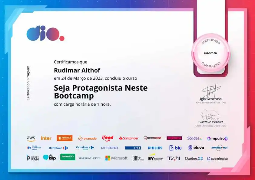 certificate of Seja Protagonista Neste Bootcamp