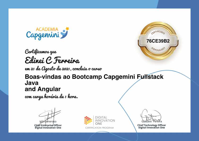certificate of Boas-vindas ao Bootcamp Capgemini Fullstack Java and Angular