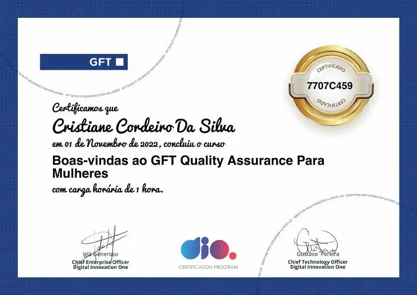 certificate of Boas-vindas ao GFT Quality Assurance Para Mulheres