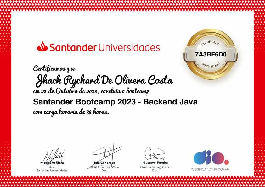 certificate of Santander Bootcamp 2023 - Backend Java