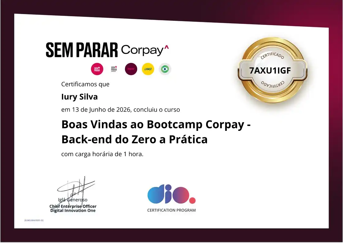 certificate of Boas Vindas ao Bootcamp Corpay - Back-end do Zero a Prática
