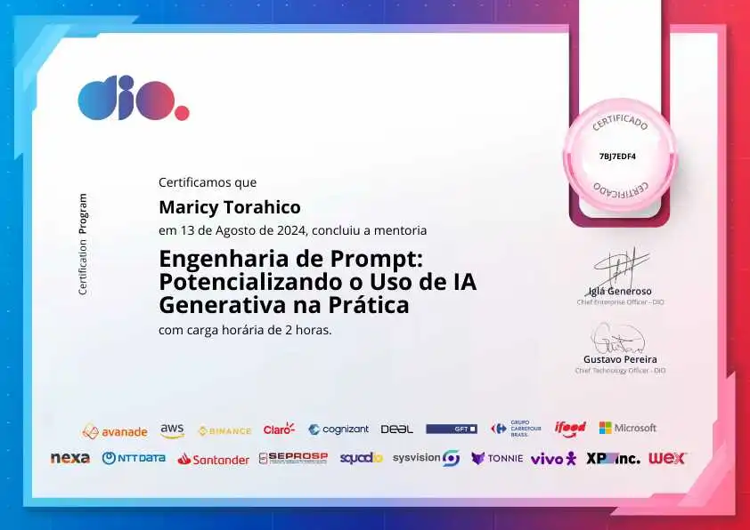 certificate of Engenharia de Prompt: Potencializando o Uso de IA Generativa na Prática