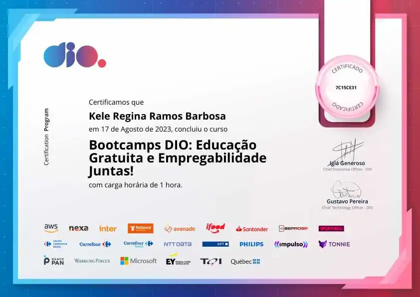 certificate of Bootcamps DIO: Educação Gratuita e Empregabilidade Juntas!