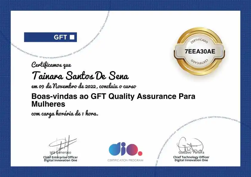 certificate of Boas-vindas ao GFT Quality Assurance Para Mulheres