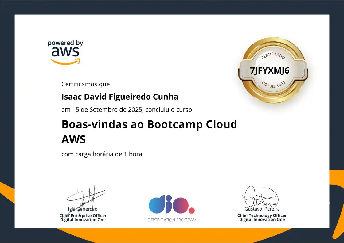 certificate of Boas-vindas ao Bootcamp Cloud AWS
