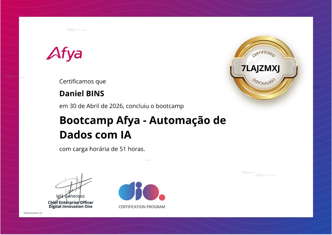 certificate of Bootcamp Afya - Automação de Dados com IA