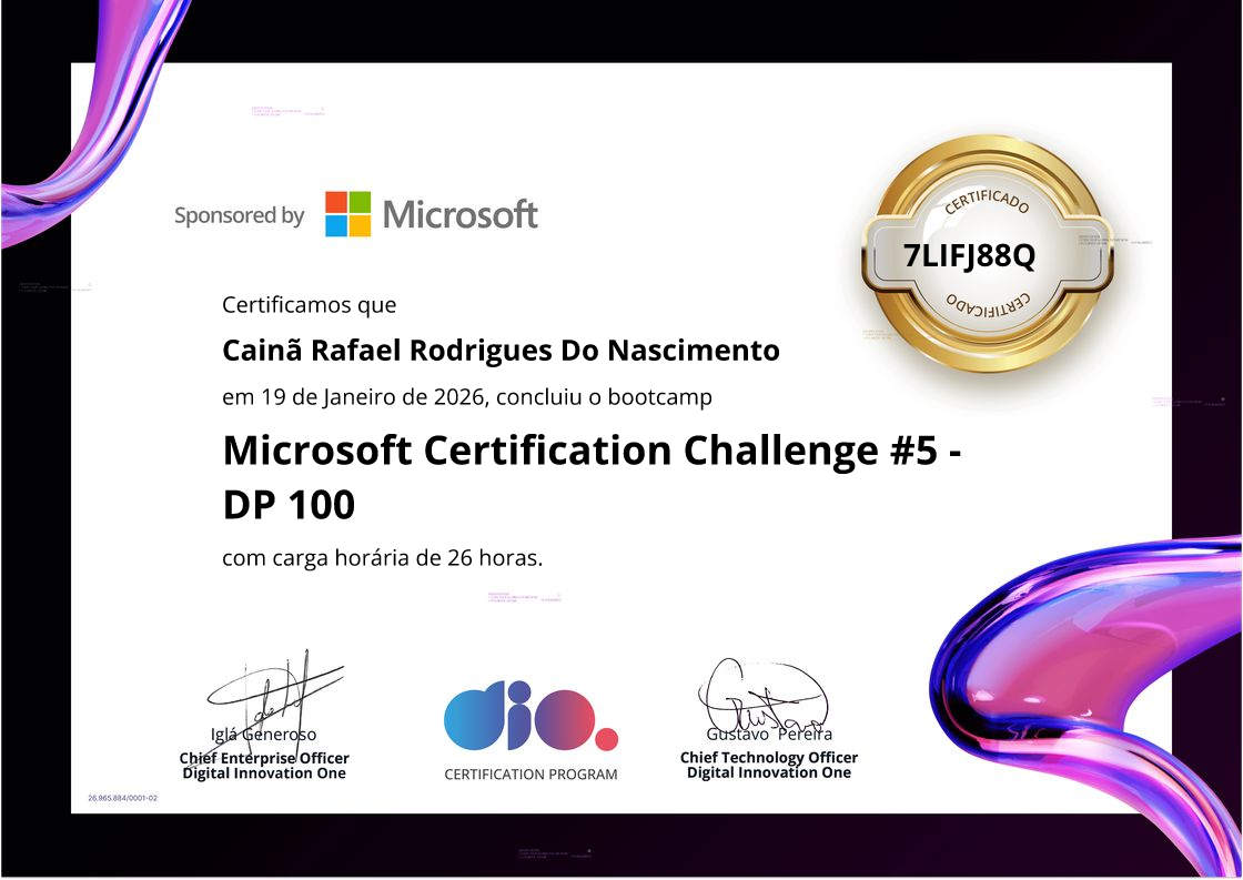 certificate of Microsoft Certification Challenge #5 - DP 100