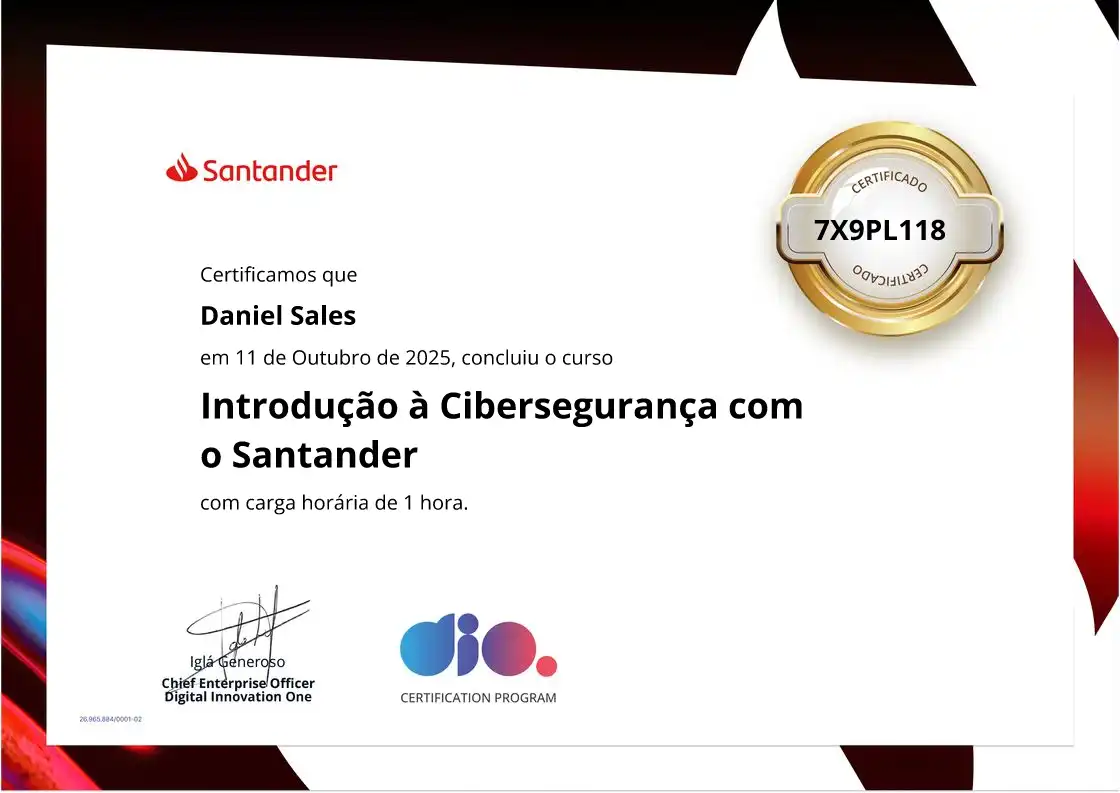 certificate of Introdução à Cibersegurança com o Santander