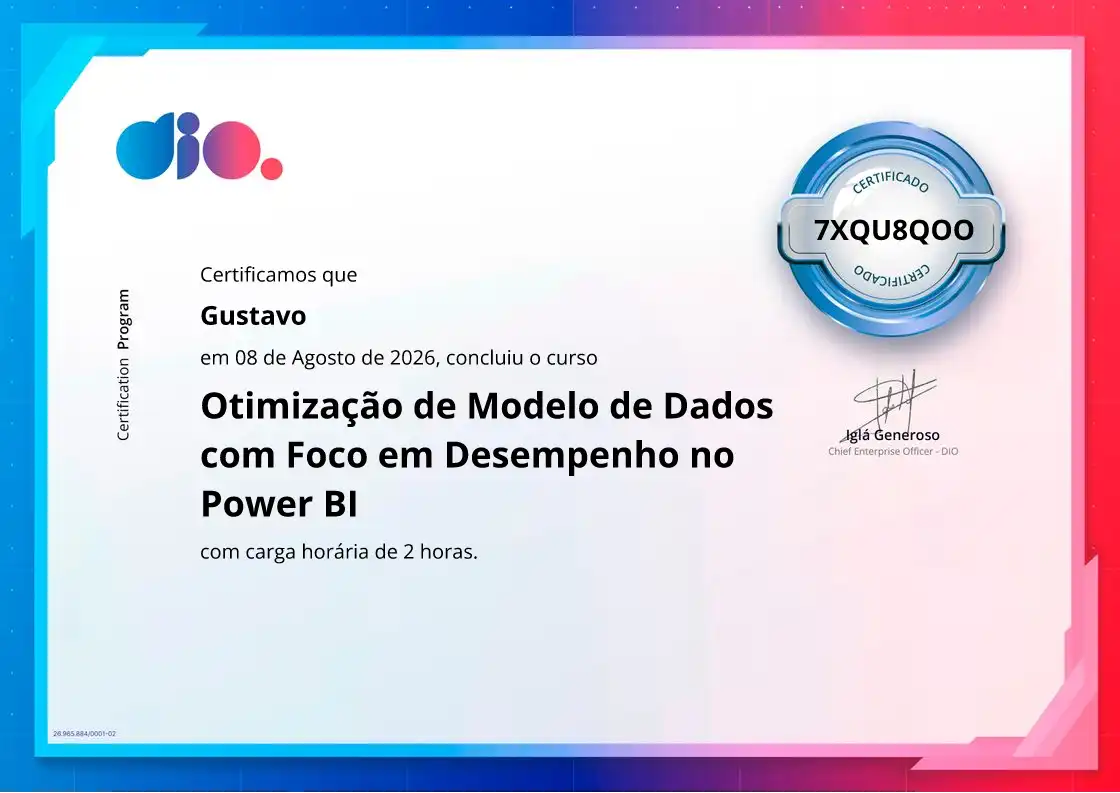 certificate of Otimização de Modelo de Dados com Foco em Desempenho no Power BI