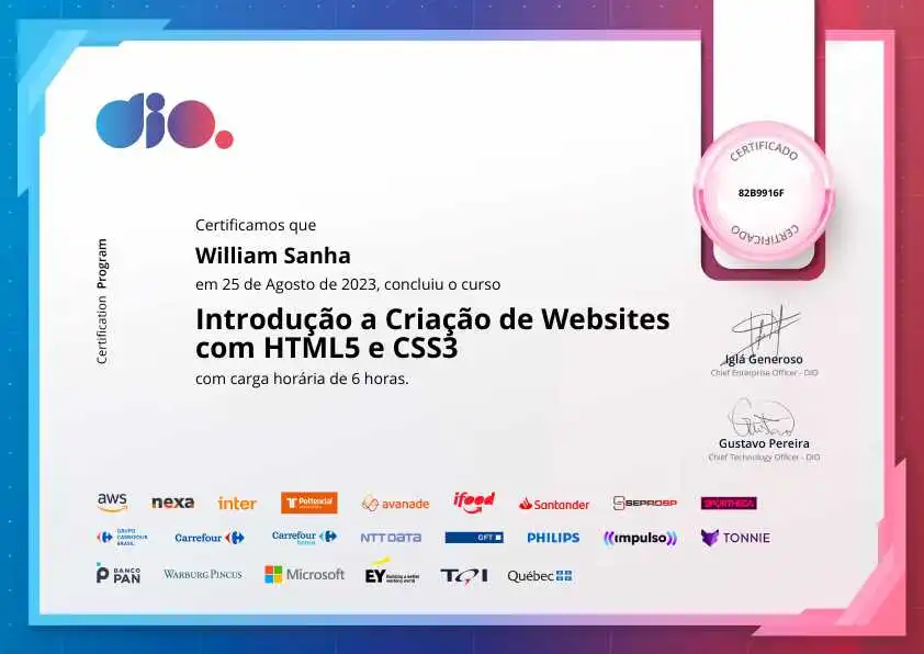 certificate of Introdução a Criação de Websites com HTML5 e CSS3