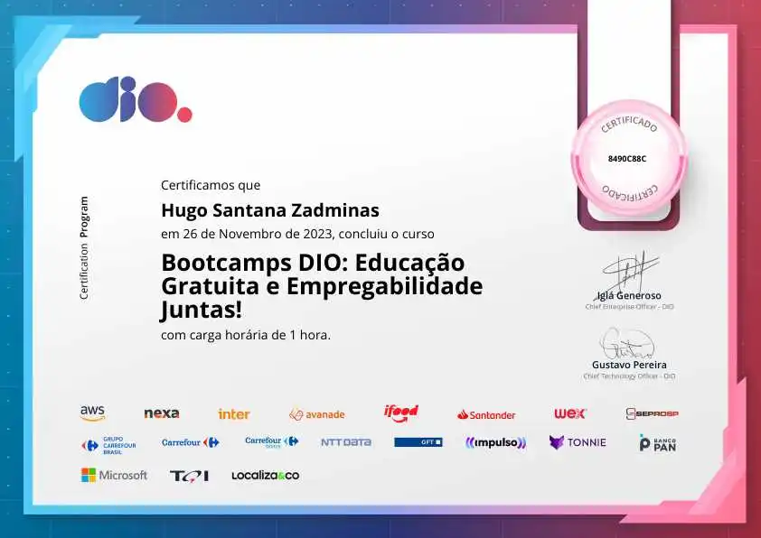 certificate of Bootcamps DIO: Educação Gratuita e Empregabilidade Juntas!