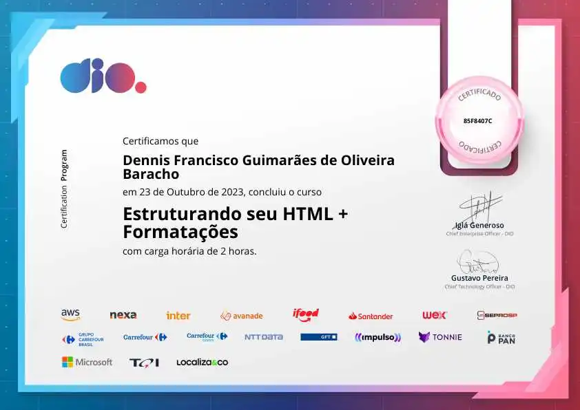 certificate of Estruturando seu HTML + Formatações
