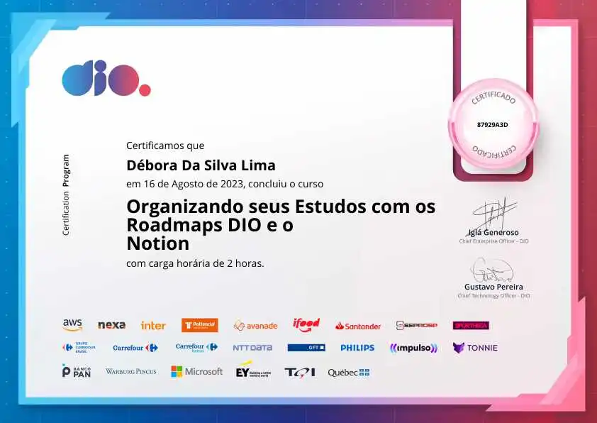 certificate of Organizando seus Estudos com os Roadmaps DIO e o Notion
