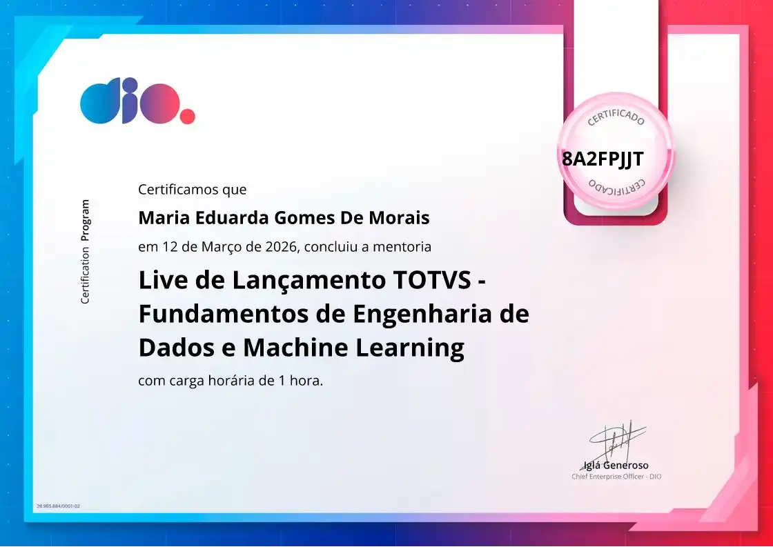 certificate of Live de Lançamento TOTVS - Fundamentos de Engenharia de Dados e Machine Learning