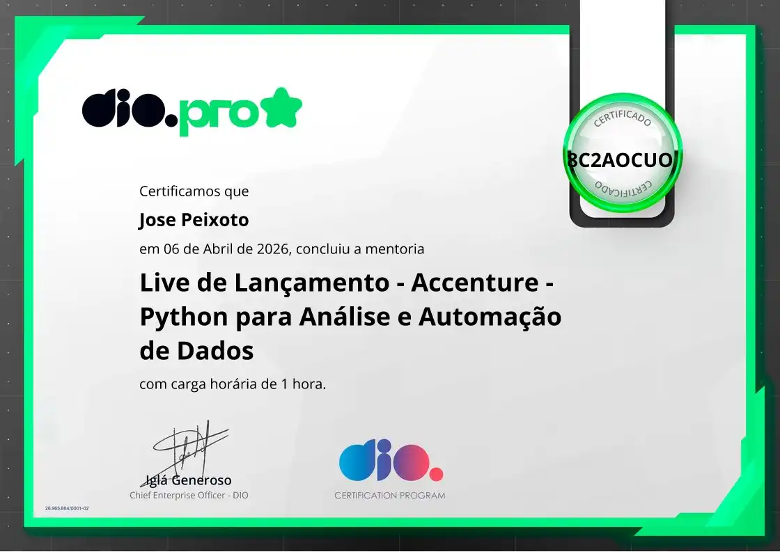 certificate of Live de Lançamento - Accenture - Python para Análise e Automação de Dados