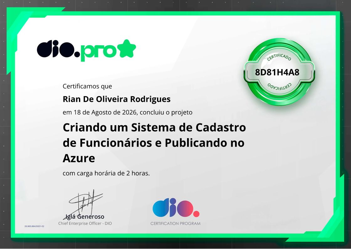 certificate of Criando um Sistema de Cadastro de Funcionários e Publicando no Azure