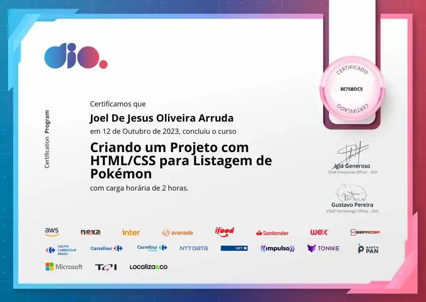 certificate of Criando um Projeto com HTML/CSS para Listagem de Pokémon