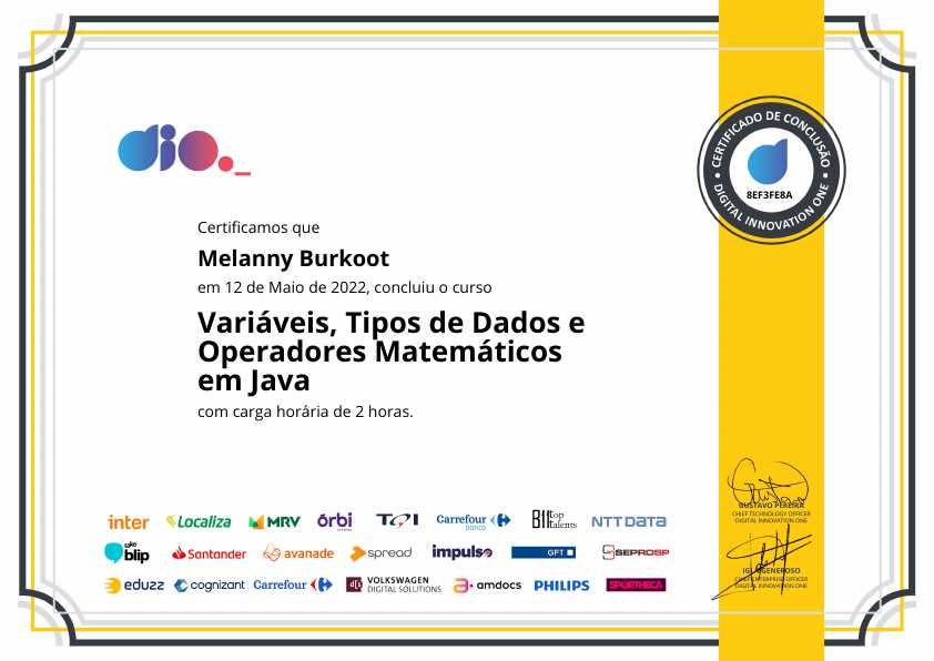 certificate of Variáveis, Tipos de Dados e Operadores Matemáticos em Java