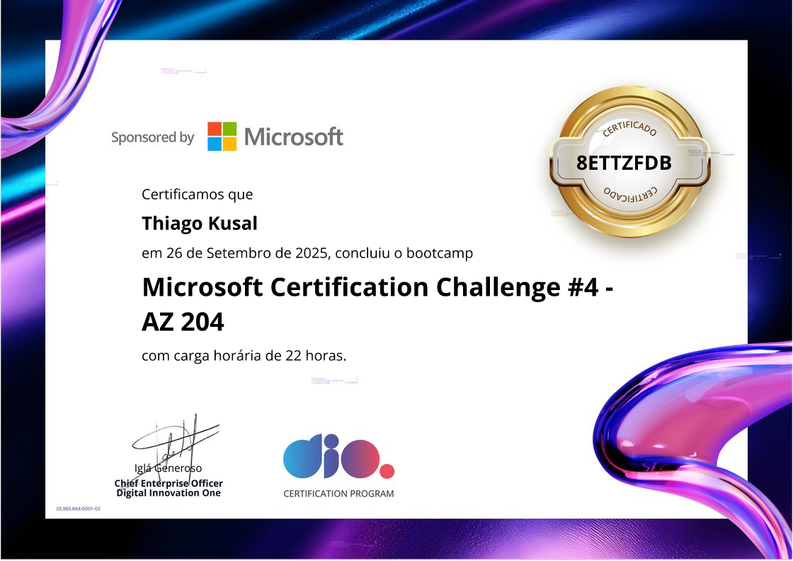 certificate of Microsoft Certification Challenge #4 - AZ 204