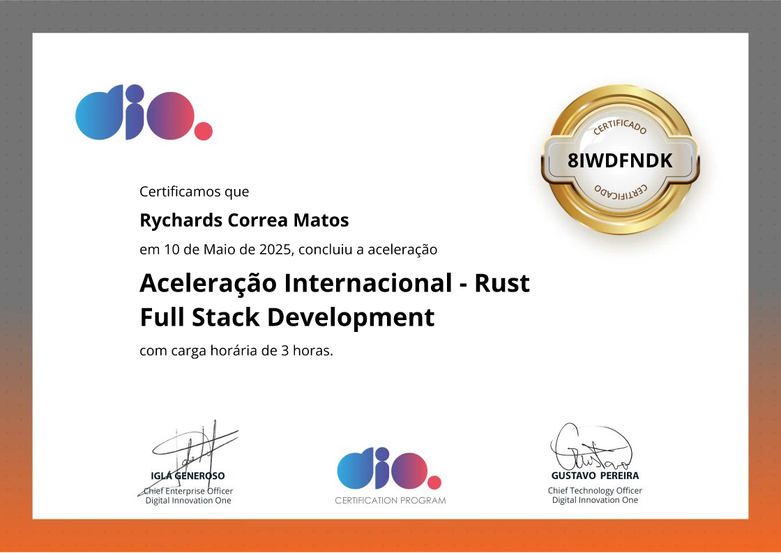 certificate of Aceleração Internacional - Rust Full Stack Development