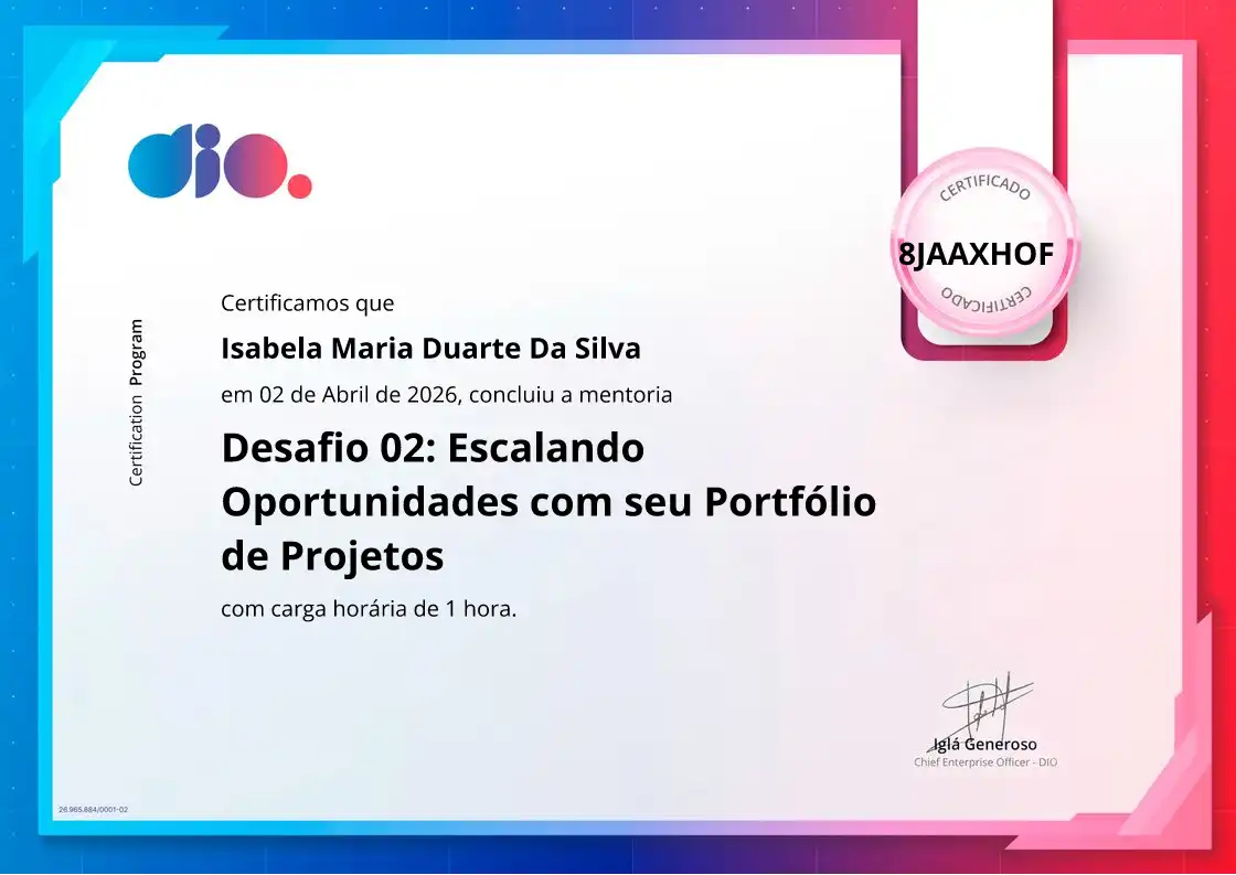 certificate of Desafio 02: Escalando Oportunidades com seu Portfólio de Projetos