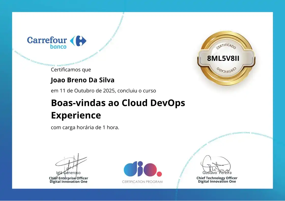 certificate of Boas-vindas ao Cloud DevOps Experience