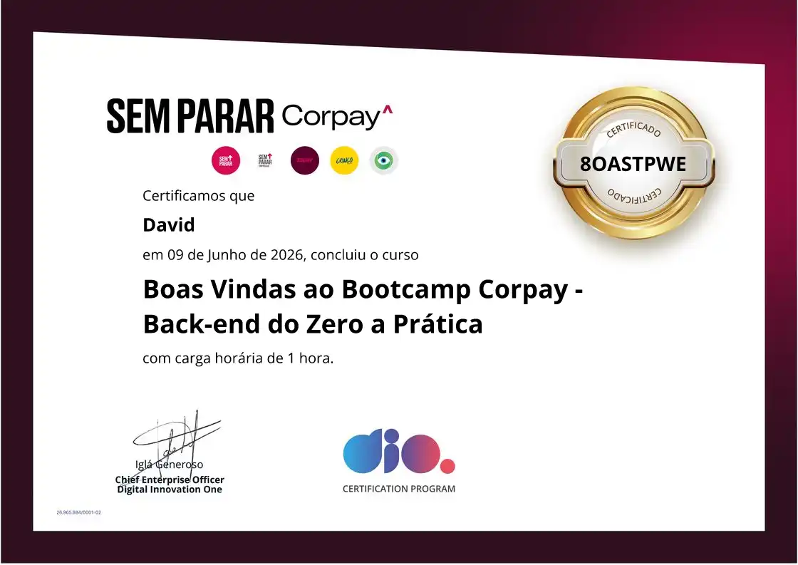 certificate of Boas Vindas ao Bootcamp Corpay - Back-end do Zero a Prática