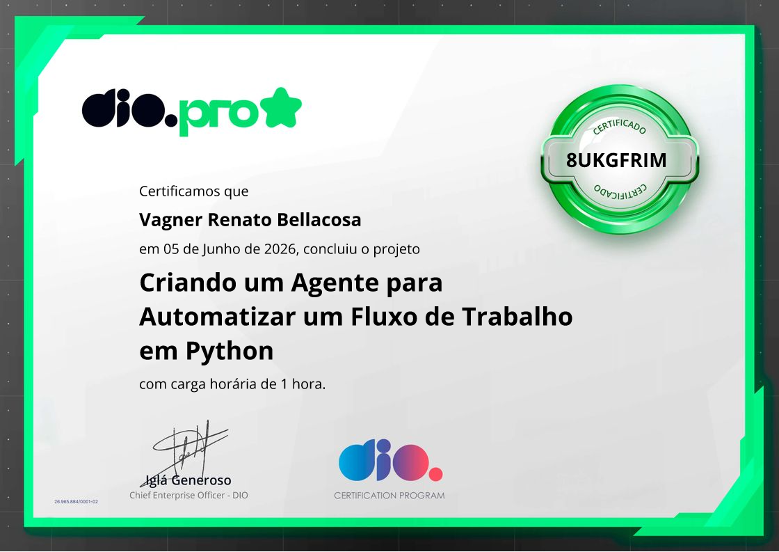 certificate of Criando um Agente para Automatizar um Fluxo de Trabalho em Python