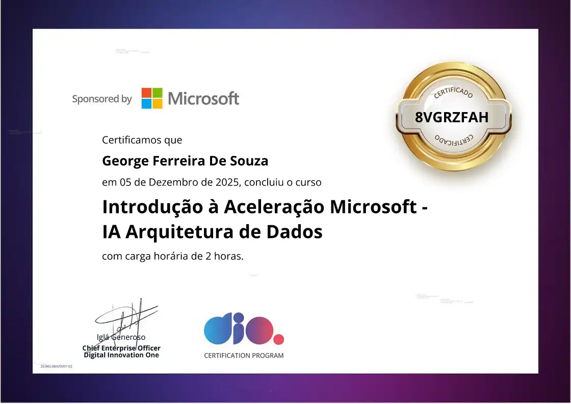 certificate of Introdução à Aceleração Microsoft - IA Arquitetura de Dados