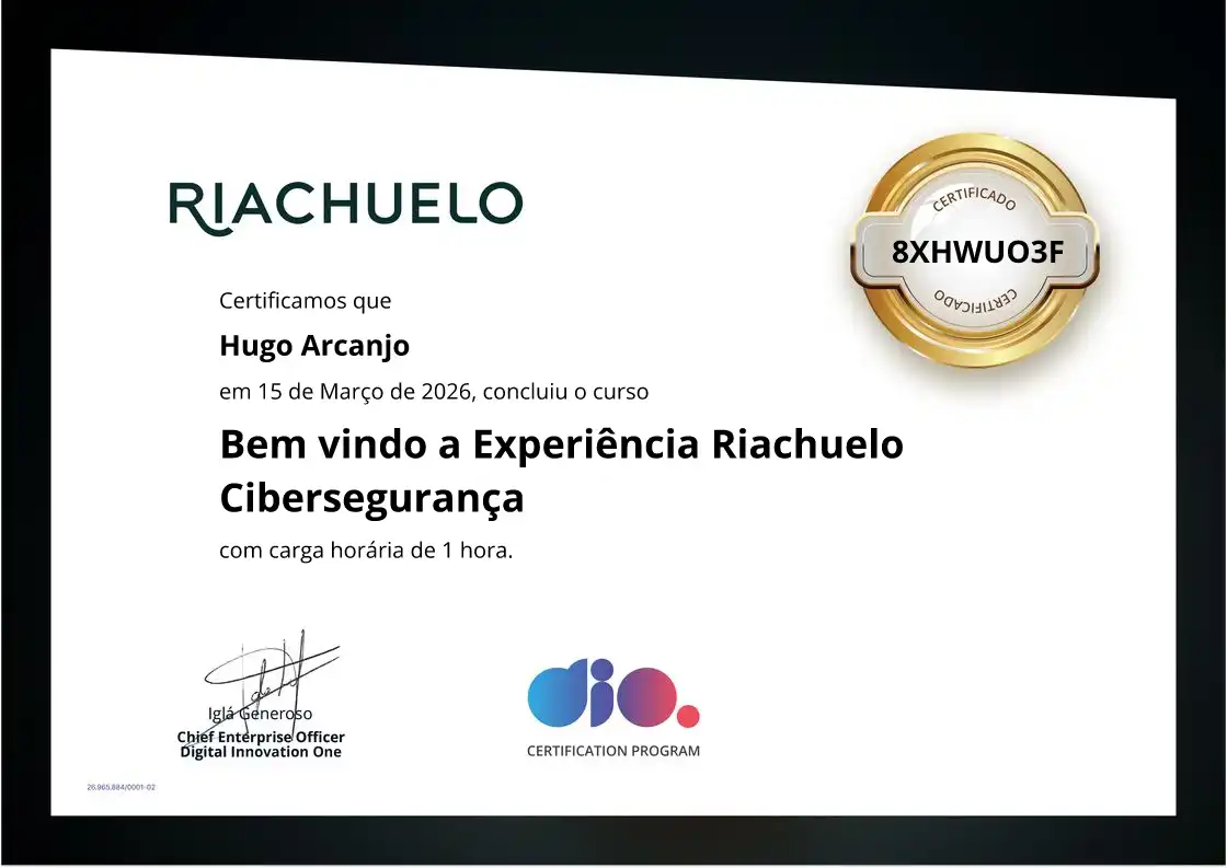certificate of Bem vindo a Experiência Riachuelo Cibersegurança