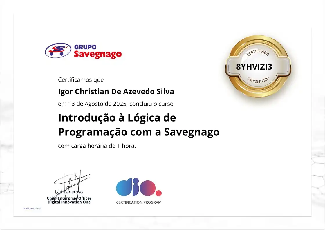 certificate of Introdução à Lógica de Programação com a Savegnago