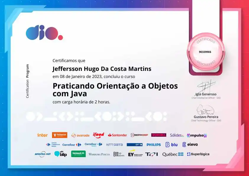 certificate of Praticando Orientação a Objetos com Java