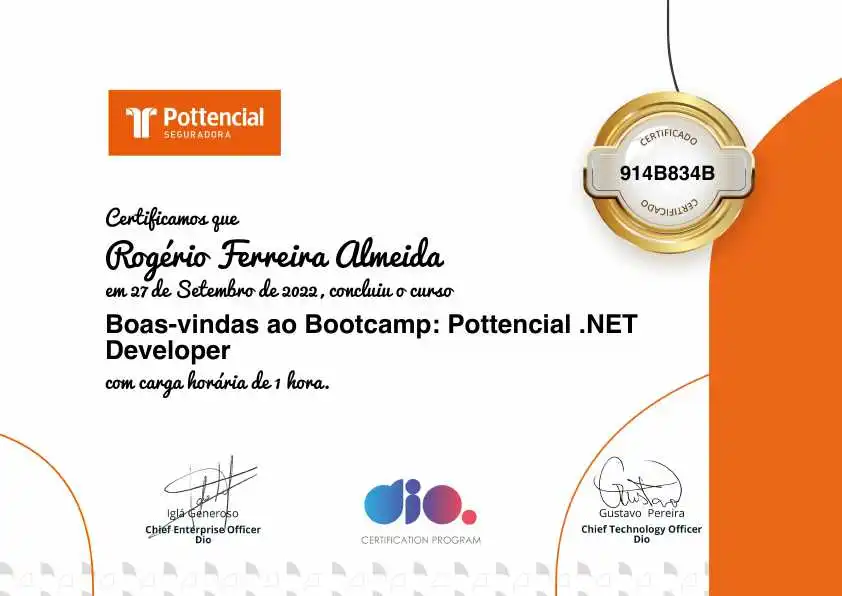 certificate of Boas-vindas ao Bootcamp: Pottencial .NET Developer