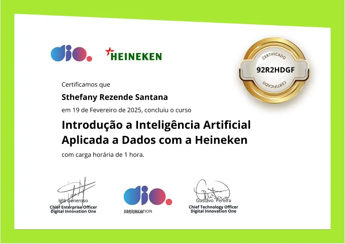 certificate of Introdução a Inteligência Artificial Aplicada a Dados com a Heineken