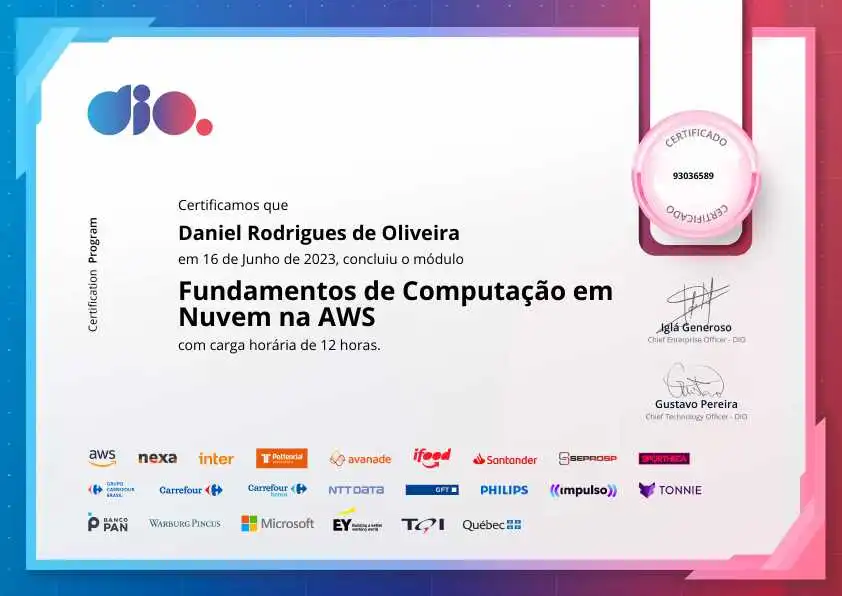 certificate of Fundamentos de Computação em Nuvem na AWS