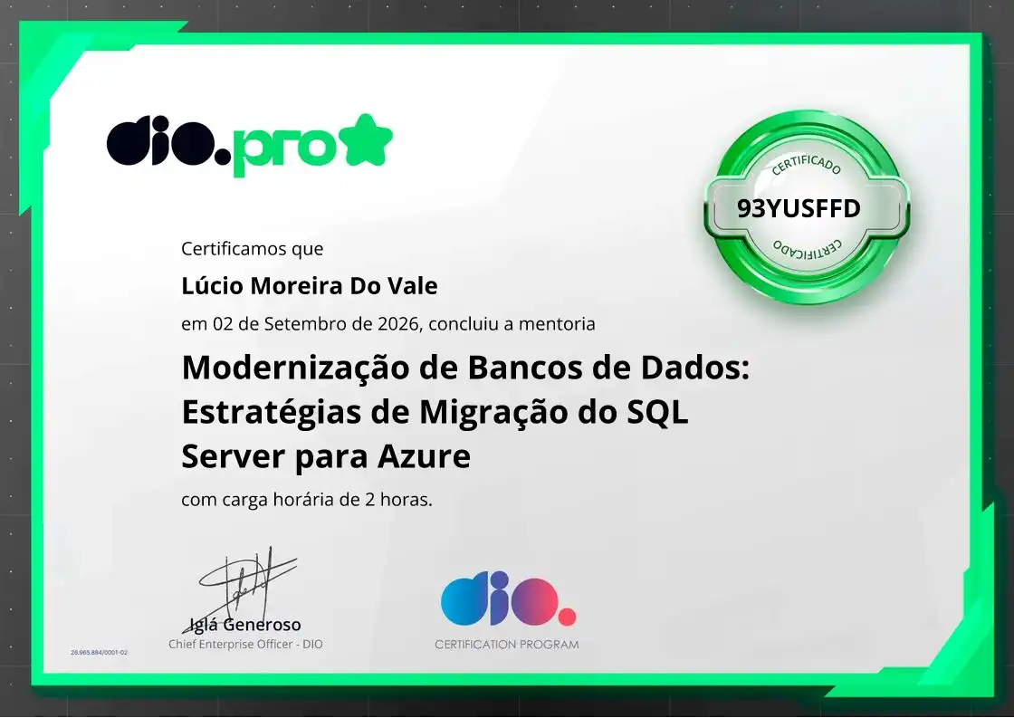 certificate of Modernização de Bancos de Dados: Estratégias de Migração do SQL Server para Azure