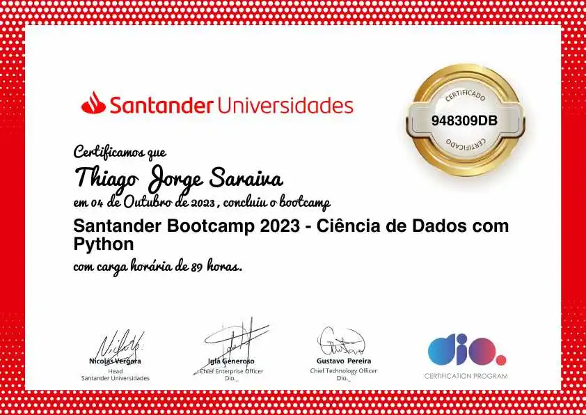 certificate of Santander Bootcamp 2023 - Ciência de Dados com Python