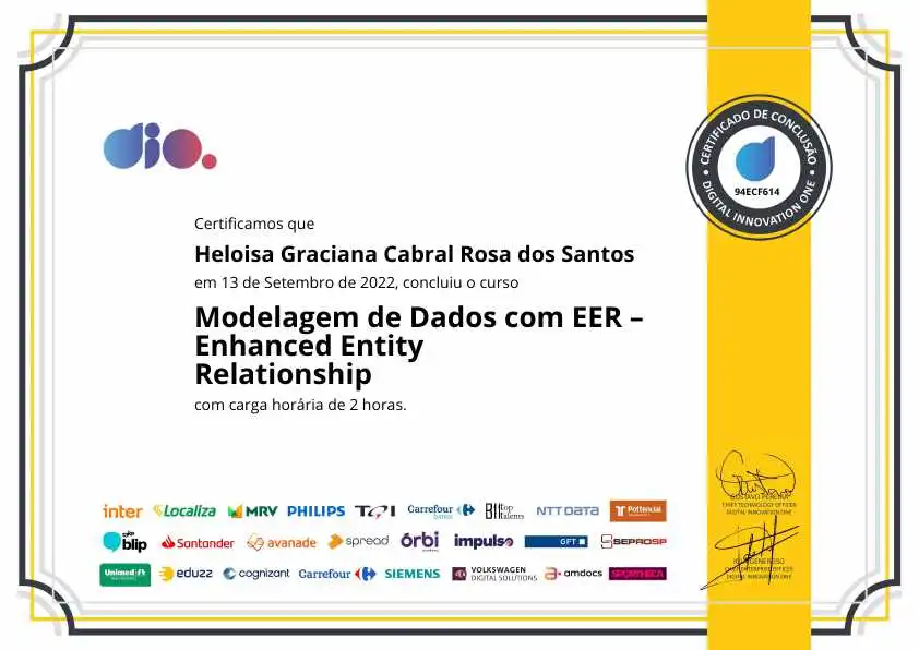 certificate of Modelo Relacionamento de Entidade Aprimorado com Banco de Dados