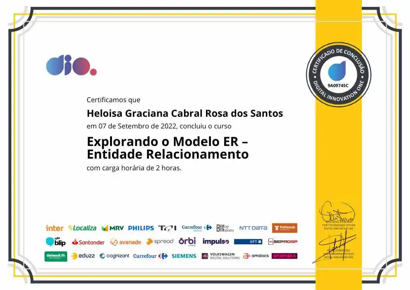 certificate of Modelo de Entidade Relacionamento com Banco de Dados