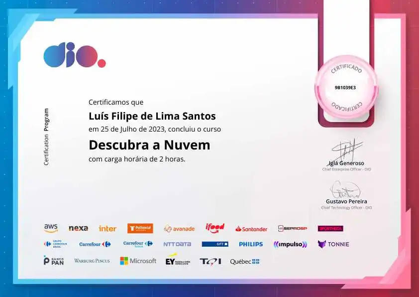 certificate of Descubra a Nuvem