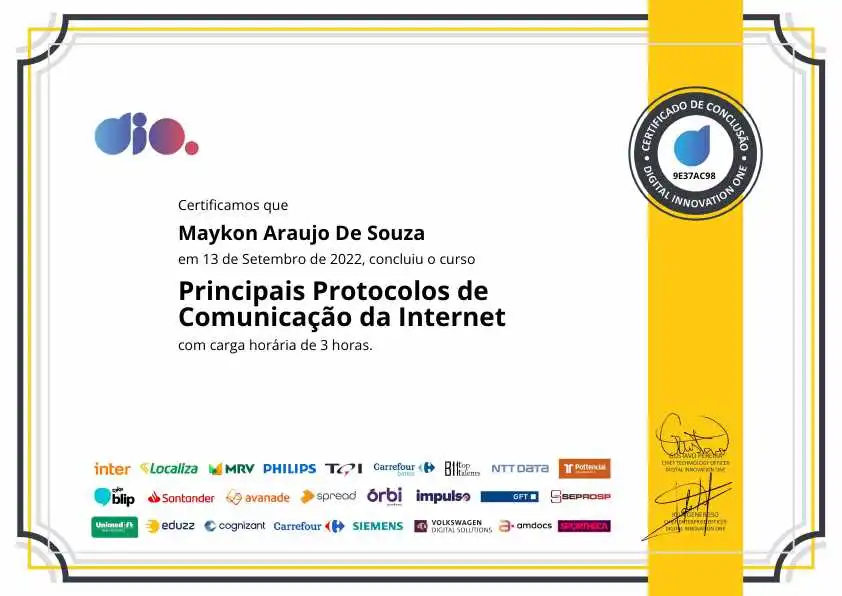 certificate of Principais Protocolos de Comunicação da Internet