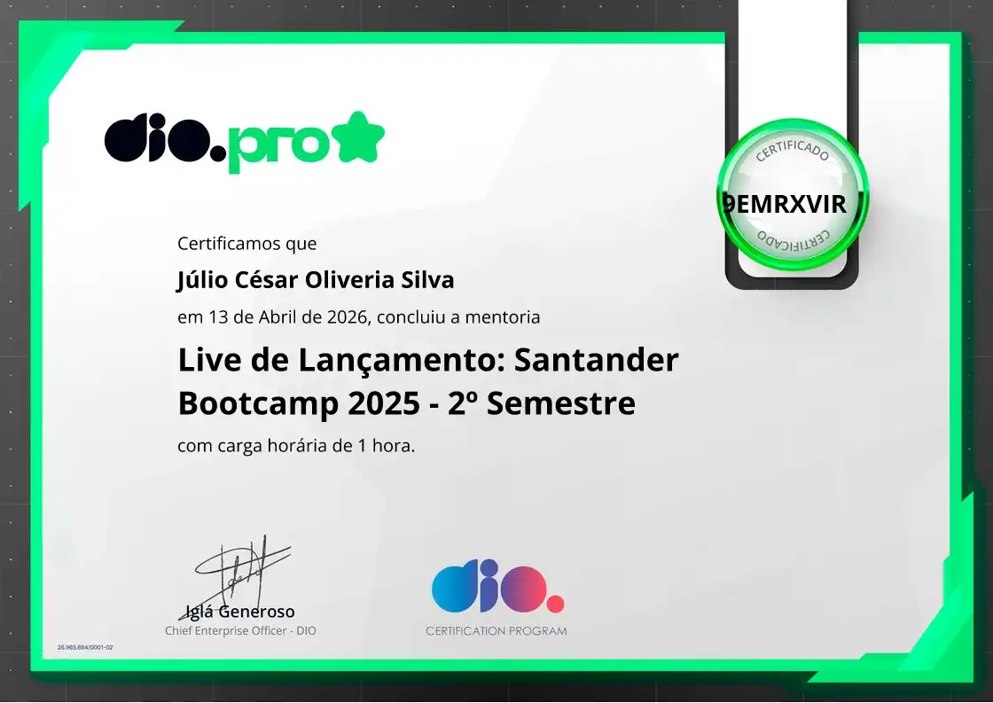 certificate of Live de Lançamento: Santander Bootcamp 2025 - 2º Semestre