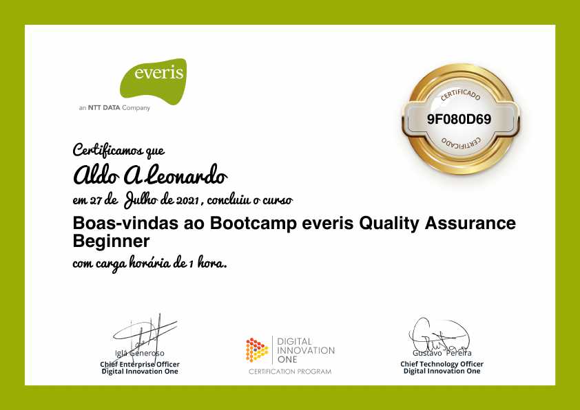 certificate of Boas-vindas ao Bootcamp everis Quality Assurance Beginner