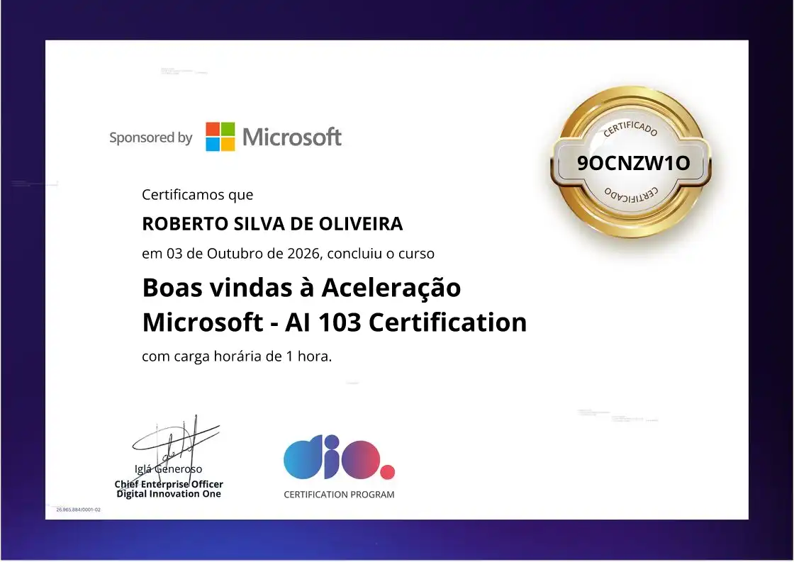 certificate of Boas vindas à Aceleração Microsoft - AI 103 Certification