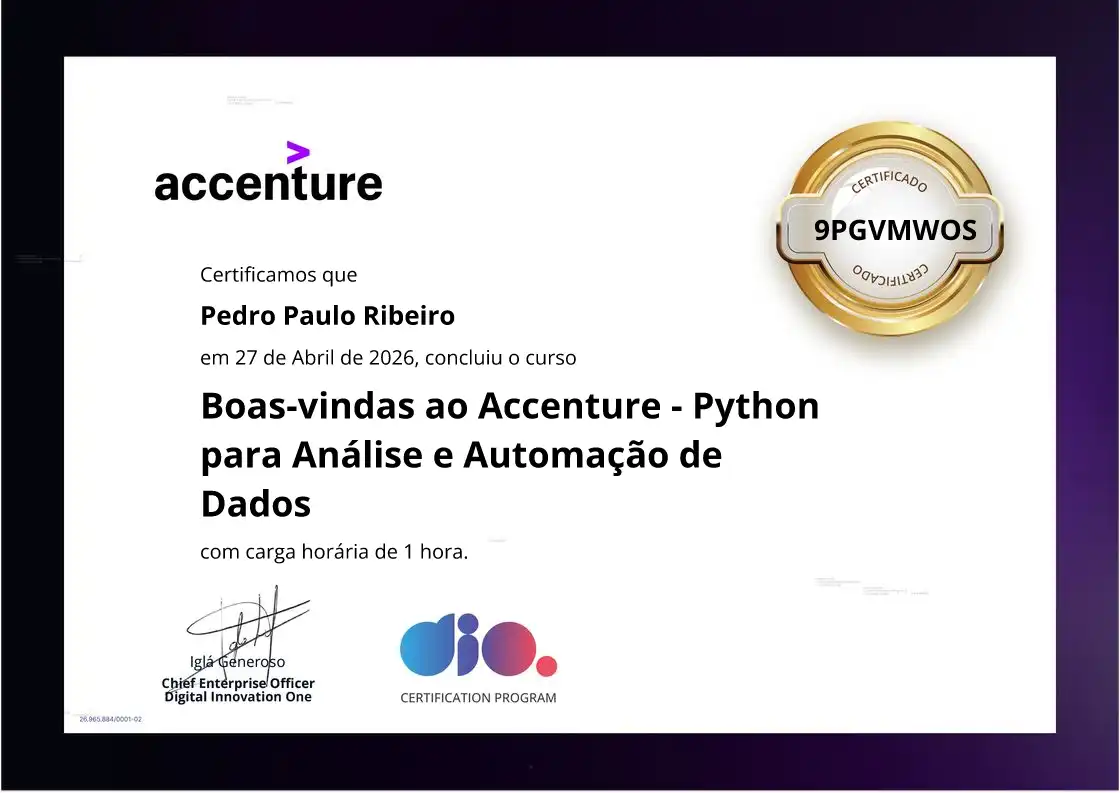 certificate of Boas-vindas ao Accenture - Python para Análise e Automação de Dados